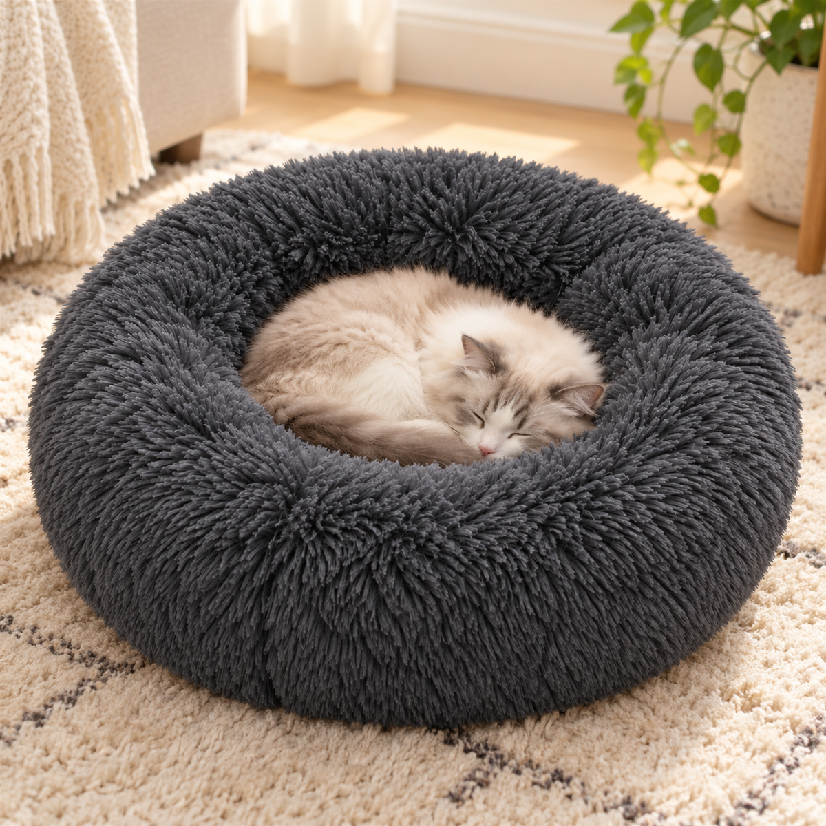 Soft Pet Cat Bed Pad Plush Warm Faux Fur Dog Calm Bed Donut round Bed Comfortable Sleeping Washable for Small Medium Dog and Cat