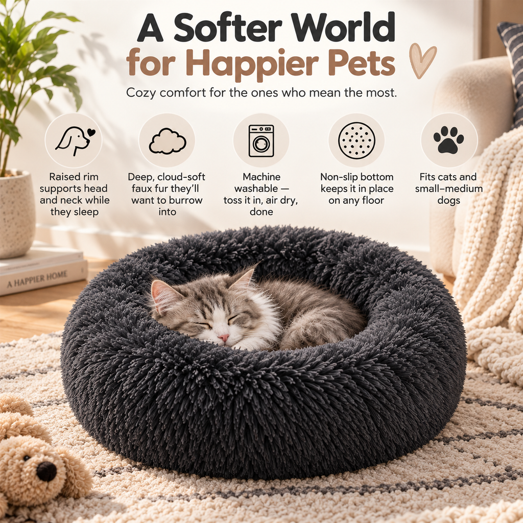 Soft Pet Cat Bed Pad Plush Warm Faux Fur Dog Calm Bed Donut round Bed Comfortable Sleeping Washable for Small Medium Dog and Cat