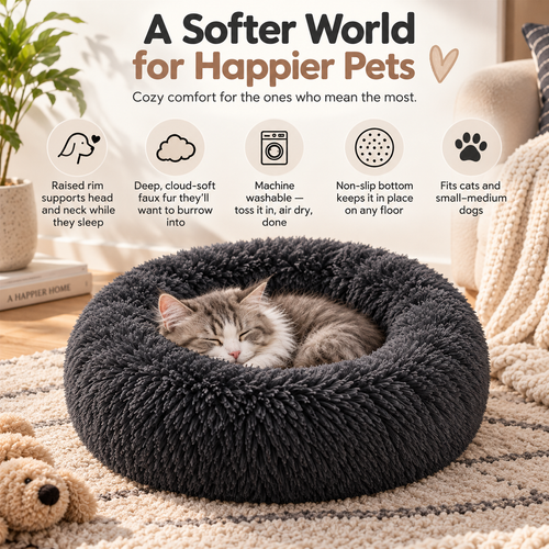 Soft Pet Cat Bed Pad Plush Warm Faux Fur Dog Calm Bed Donut round Bed Comfortable Sleeping Washable for Small Medium Dog and Cat
